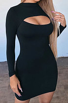 Black Women's Long Sleeve Hollow Out Club Pullover Mid Waist Mini Dress YBN9042-2