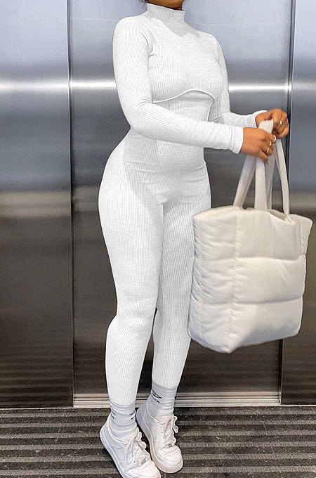 White Women Casual Pure Color Long Sleeve Stand Collar Ribber Bodycon Jumpsuits MQX23587-3