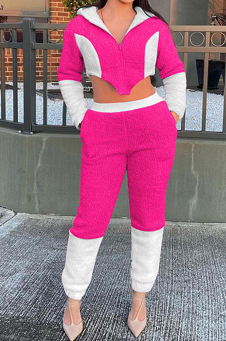 Rose Red Fashion Velvet Color Matching Hoodie Zipper Dew Waist Pants Sets FFE192-3