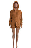Purple Women Pure Color Double Velvet Hoodie Coat Shorts Sets NK267 -2
