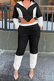Rose Red Fashion Velvet Color Matching Hoodie Zipper Dew Waist Pants Sets FFE192-3
