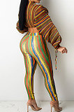 Yellow Green Casual Digital Stripe Printing Arm Drawsting Long Sleeve Round Collar Crop Tops Pencil Pants Two-Piece Q980-6