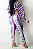 Yellow Green Casual Digital Stripe Printing Arm Drawsting Long Sleeve Round Collar Crop Tops Pencil Pants Two-Piece Q980-6