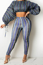 Gray Blue Casual Digital Stripe Printing Arm Drawsting Long Sleeve Round Collar Crop Tops Pencil Pants Two-Piece Q980-5