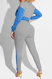 Grey And Purple Spliced Casual  Long Sleeve Stand Neck Doubel Zipper Head Tops Skinny Pants Suit HXY88085-2