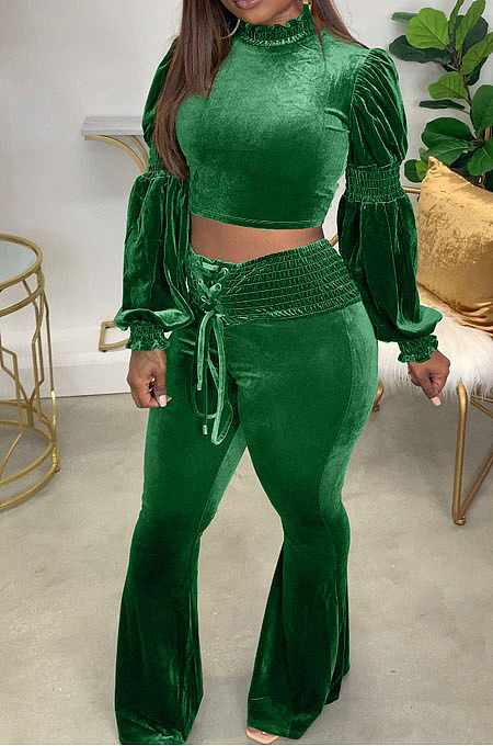 Black Wholesale Vevet High Neck Crop Tops Flare Pants Solid Color Suit HXY88088-1