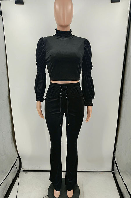 Black Wholesale Vevet High Neck Crop Tops Flare Pants Solid Color Suit HXY88088-1