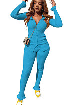 Light Blue Women's Ribber Pure Color Single-Breasted Bodycon Pants Sets NK266-9