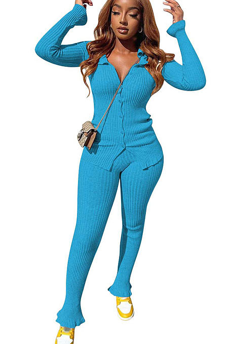 Light Blue Women's Ribber Pure Color Single-Breasted Bodycon Pants Sets NK266-9