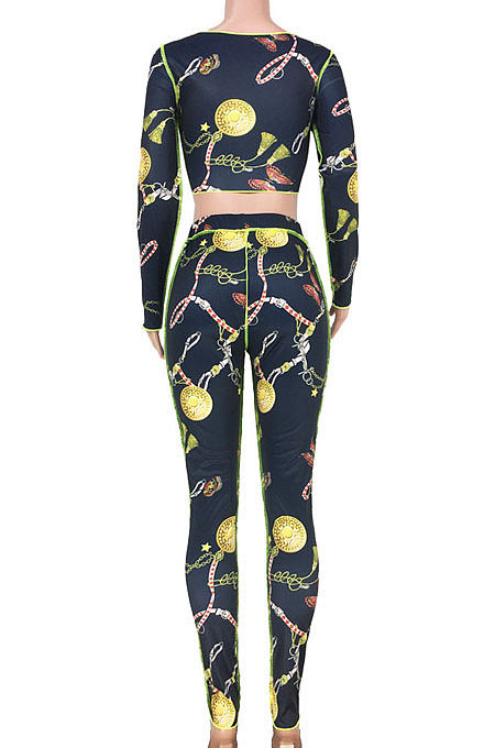 Dark Blue Women Fashion Casual Bandage Sexy Hollow Out Line Dew Waist Pants Sets MDF5267-4