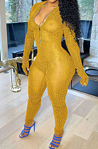 WHOLESALE | Gold Autumn Winter Mesh Long Sleeve Zip Front Slim Fitting Jumpsuits ALS266-6