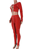 Dark Blue Women Fashion Casual Bandage Sexy Hollow Out Line Dew Waist Pants Sets MDF5267-4