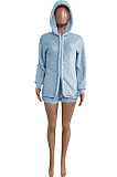 Pink Women Pure Color Double Velvet Hoodie Coat Shorts Sets NK267 -1