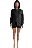 Pink Women Pure Color Double Velvet Hoodie Coat Shorts Sets NK267 -1