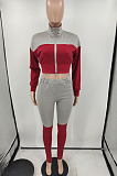 Grey And Purple Spliced Casual  Long Sleeve Stand Neck Doubel Zipper Head Tops Skinny Pants Suit HXY88085-2