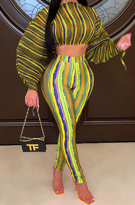 Yellow Green Casual Digital Stripe Printing Arm Drawsting Long Sleeve Round Collar Crop Tops Pencil Pants Two-Piece Q980-6