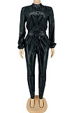 Brown New Women's Leather Single-Breasted Long Sleeve With Beltband Slim Fitting Jumpsuits LY057-2