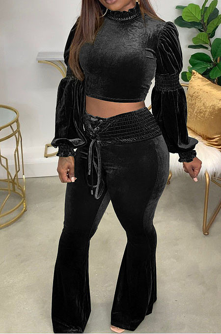 Black Wholesale Vevet High Neck Crop Tops Flare Pants Solid Color Suit HXY88088-1