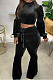Black Wholesale Vevet High Neck Crop Tops Flare Pants Solid Color Suit HXY88088-1