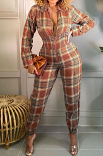 Orange Fashion Checked Long Sleeve Lapel Neck Collect Waist Jumpsuits HXY88081-1