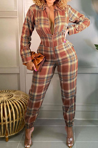 Orange Fashion Checked Long Sleeve Lapel Neck Collect Waist Jumpsuits HXY88081-1
