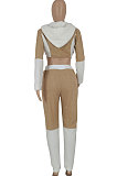 Khaki Fashion Velvet Color Matching Hoodie Zipper Dew Waist Pants Sets FFE192-1