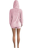 Pink Women Pure Color Double Velvet Hoodie Coat Shorts Sets NK267 -1