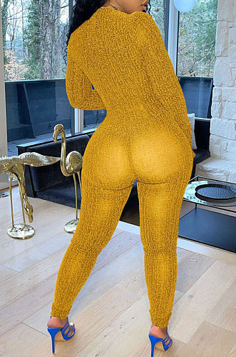 WHOLESALE | Gold Autumn Winter Mesh Long Sleeve Zip Front Slim Fitting Jumpsuits ALS266-6