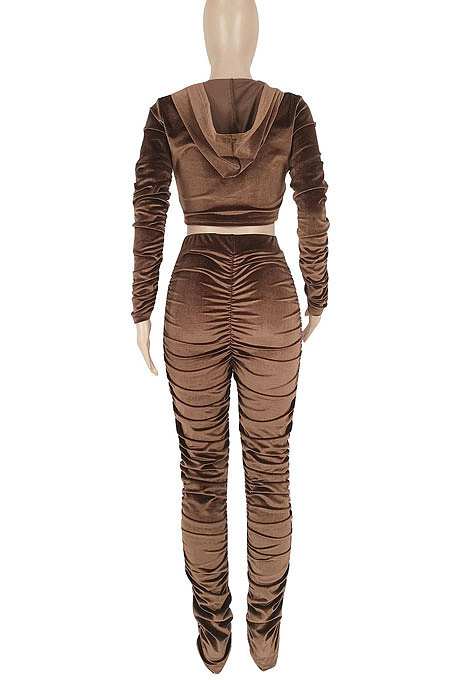Women's Velvet Dew Waist Ruffle Hoodie Pants Sets FFE194