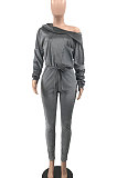 Gray Korea Velvet Pure Color Long Sleeve Sexy A Word Shoulder Pocket Casual Jumpsuits MQX23591-1