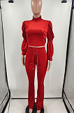 Red Wholesale Vevet High Neck Crop Tops Flare Pants Solid Color Suit HXY88088-2