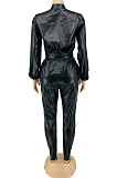 Brown New Women's Leather Single-Breasted Long Sleeve With Beltband Slim Fitting Jumpsuits LY057-2
