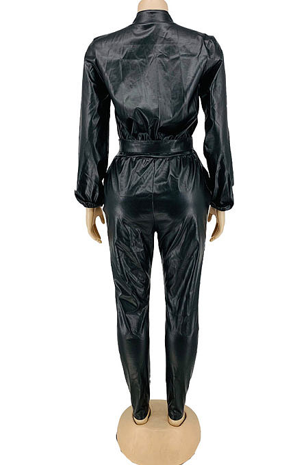 Brown New Women's Leather Single-Breasted Long Sleeve With Beltband Slim Fitting Jumpsuits LY057-2