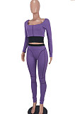 Light Olive Euramerican Women Dew Waist Casual Spliced Ribber Pants Sets ED8545-3