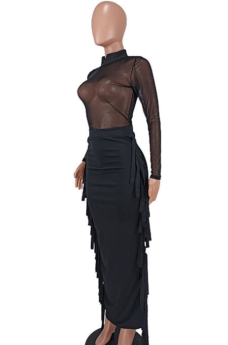 Orange Red Sexy Mesh Spaghetti Fashion Perspectivity Top Tassel Skirts Sets ED8540-4