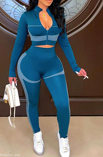 Blue Women Ribber Positioning Printing Spliced Zipper Bodycon Pants Sets YBS86741-1