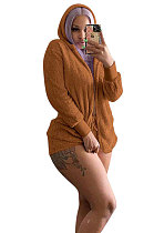 Brown Women Pure Color Double Velvet Hoodie Coat Shorts Sets NK267 -4