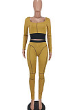 Light Olive Euramerican Women Dew Waist Casual Spliced Ribber Pants Sets ED8545-3