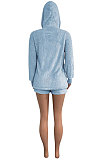 Pink Women Pure Color Double Velvet Hoodie Coat Shorts Sets NK267 -1