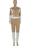 Khaki Fashion Velvet Color Matching Hoodie Zipper Dew Waist Pants Sets FFE192-1