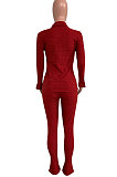 Wine Red Women's Ribber Pure Color Single-Breasted Bodycon Pants Sets NK266-1