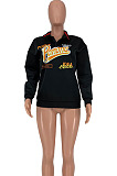 Black Preppy Letter Pyrography Long Sleeve Lapel Neck Hoodie Tops LY058-3