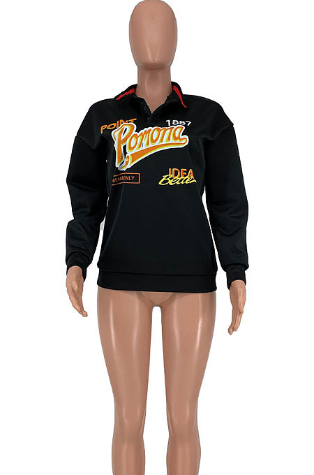 Brown Preppy Letter Pyrography Long Sleeve Lapel Neck Hoodie Tops LY058-2
