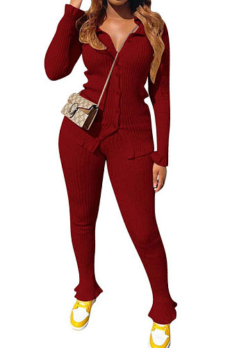 Wine Red Women's Ribber Pure Color Single-Breasted Bodycon Pants Sets NK266-1