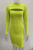 Neon Green Women's Long Sleeve Hollow Out Club Pullover Mid Waist Mini Dress YBN9042-3