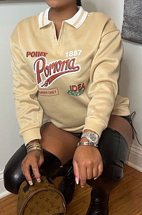 Khaki Preppy Letter Pyrography Long Sleeve Lapel Neck Hoodie Tops LY058-1