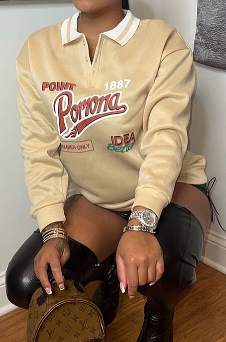 Khaki Preppy Letter Pyrography Long Sleeve Lapel Neck Hoodie Tops LY058-1