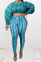 Lake Blue Casual Digital Stripe Printing Arm Drawsting Long Sleeve Round Collar Crop Tops Pencil Pants Two-Piece Q980-4