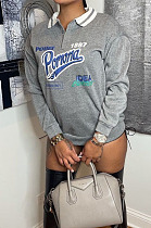 Grey Preppy Letter Pyrography Long Sleeve Lapel Neck Hoodie Tops LY058-4