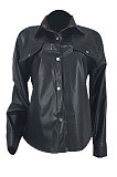 Black Sexy Loose Cardigan PU Leather Solid Color Coat ED8542